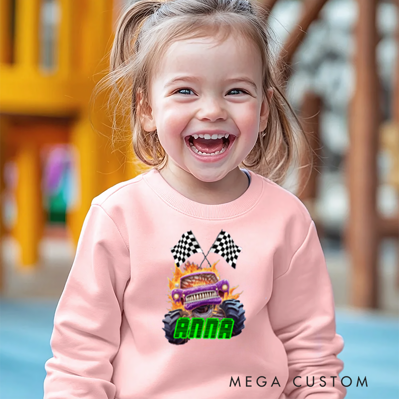 Personalized Big Wheel Off Road Truck Multicolor Kid's Sweatshirt Hoodie with Age and Name Birthday Christmas Gift for Kids