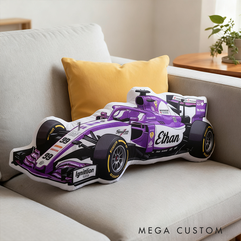 Personalized Race Car Shaped Throw Pillow Custom Name and Color Decorative Cushion Gift for Car Lovers and Racers