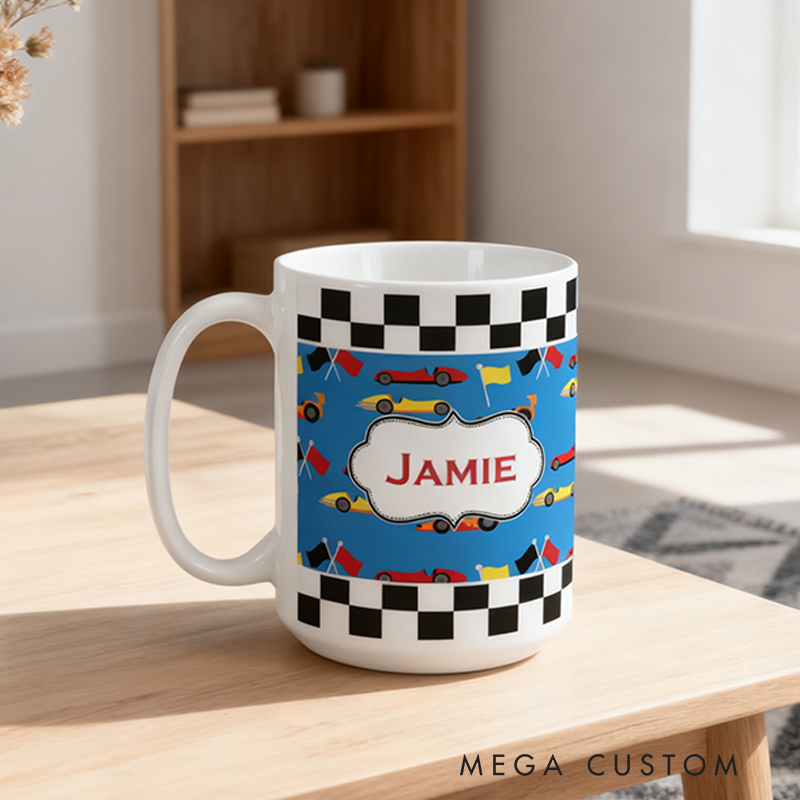 Personalized Ceramic Mug with Racing Car and Check Flag Design Gift for Racer and Racing Lovers