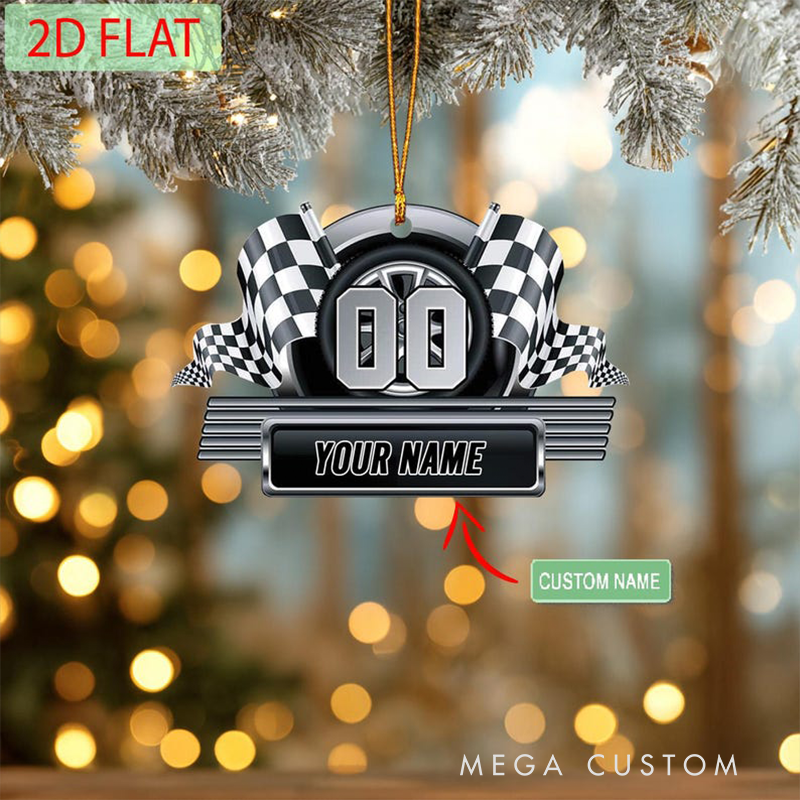 Personalized Racing Ornament Custom Name and Number Check Flag Christmas Decoration Gift for Car Lovers and Racers