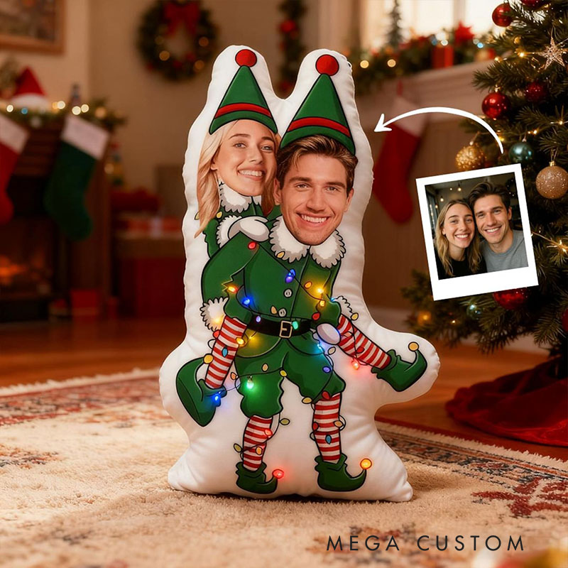 Personalized Couple Face Photo Pillow Custom Newlyweds Funny Elf Santa Claus Body Cushion First Christmas Pillow for Boyfriend Girlfriend Husband Wife