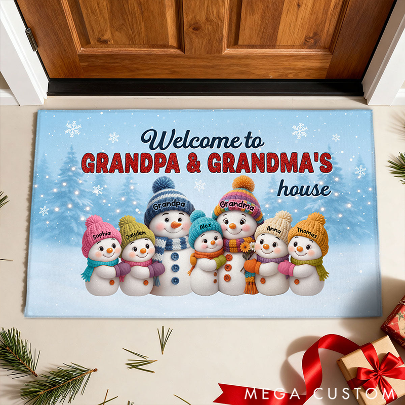 Personalized Christmas Grandma Grandpa Grandkids Snowman Together Doormat