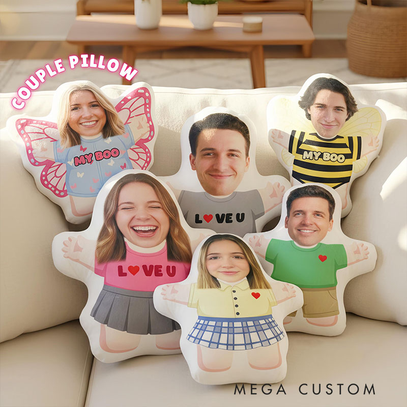 Personalized Couple Face Photo Pillow Custom Newlyweds Hug Me Doll Cushion Valentine's Day Gift for Husband Wife Boyfriend Girlfriend First Christmas