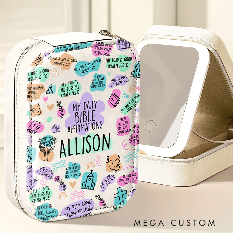 Personalized Daily Bible Affirmation Custom Name Leather Jewelry Box with LED Makeup Mirror Religious Gift for Women