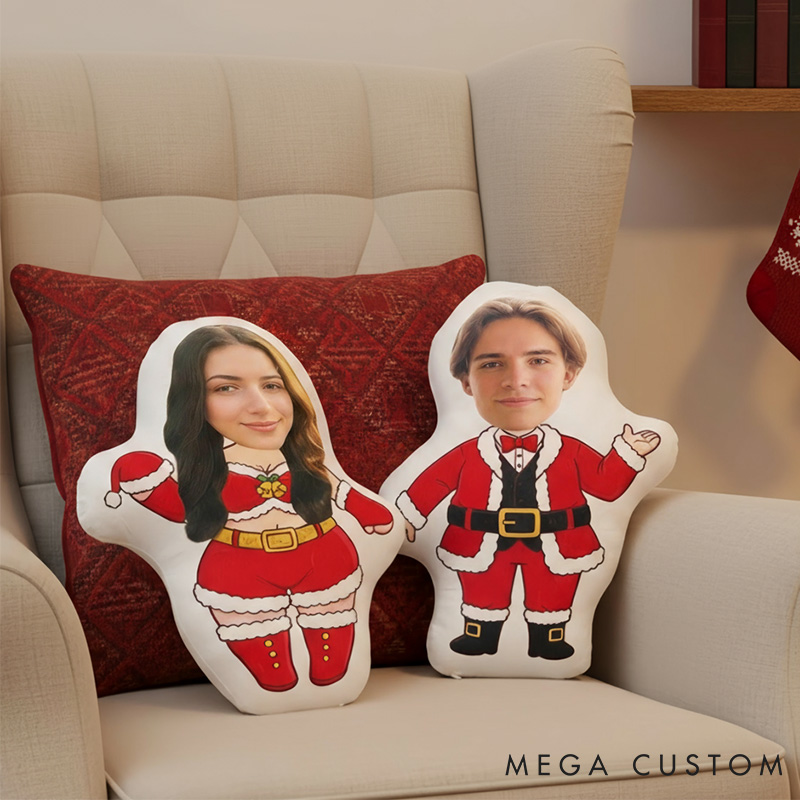 Personalized Couple Face Photo Pillow Custom Elf Doll Face Pillow Christmas Couple Cushion for Her Birthday Gift for Him