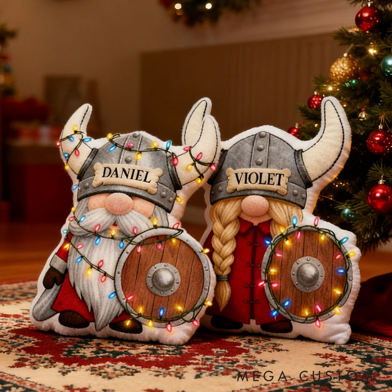 Personalized Couple Viking Gnome Christmas Pillow Custom Newlyweds Doll Cushion First Christmas Gift for Husband Wife Boyfriend Girlfriend
