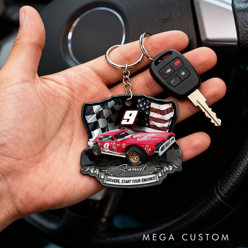 Personalized Dirt Track Racing Keychain Custom Car Photo Name and Number Start Your Engines Gift for Races and Car Lovers