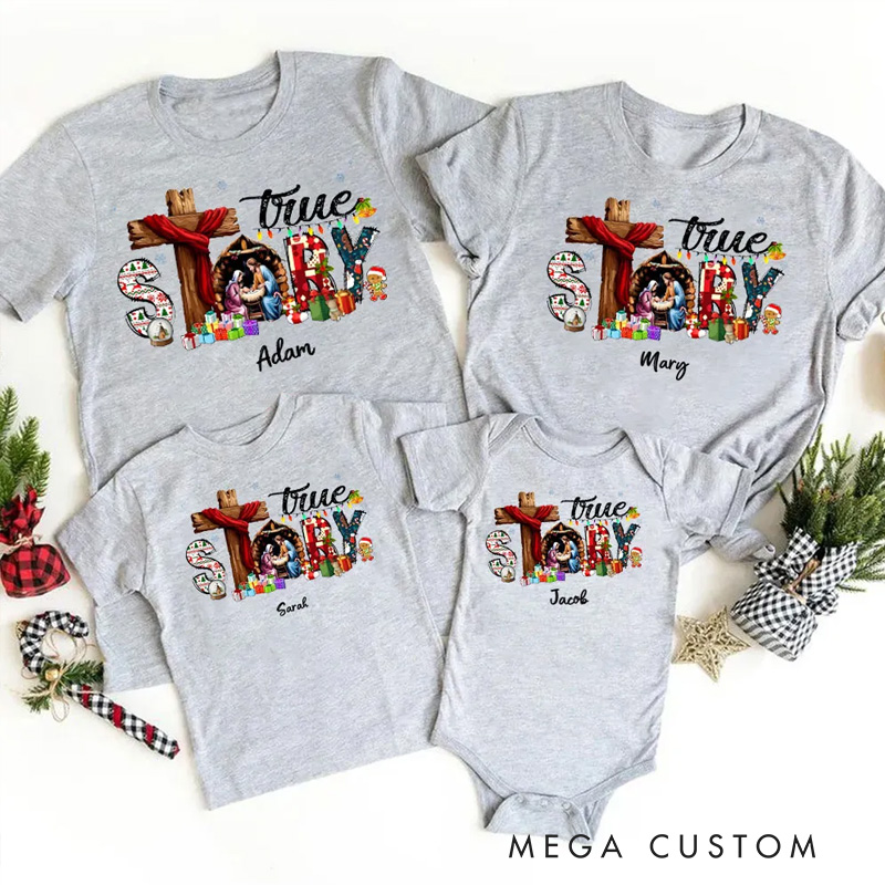 Personalized True Story Nativity Scene Family Matching Cotton T-Shirts with Name Christian Gift Christmas Gift for Family