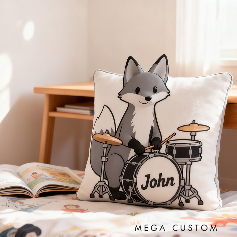Personalized 3D Gray Fox & Mini Drum Set Pillow With Your Own Name Soft Stuffed Toy for Kids Unique Decorative Cushion for Boys' Room and Playroom