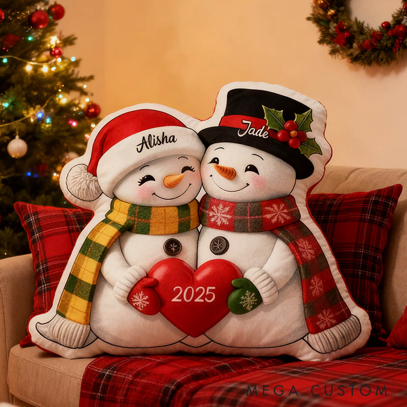 Personalized Couple Snowman Pillow Newlyweds Name Doll Cushion Valentine's Day Pillow for Husband Wife First Christmas Gift for Boyfriend Girlfriend