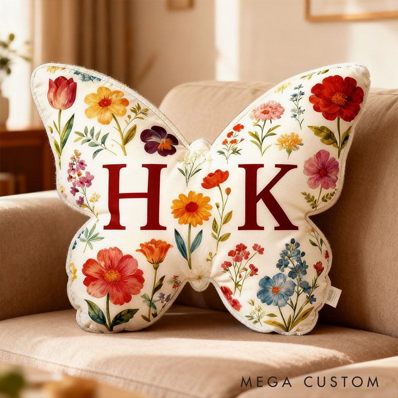 Personalized Couple Butterfly Floral Pillow Newlyweds Initials Cushion Valentine's Day Pillow for Husband Wife Christmas Gift for Boyfriend Girlfriend