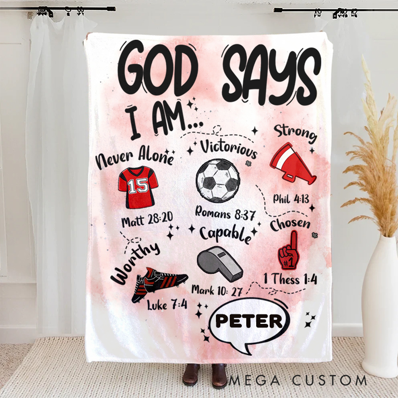 Personalized Football God Says I Am Soft Throw Blanket with Bible Verse Home Decor Birthday Gift for Boys Girls