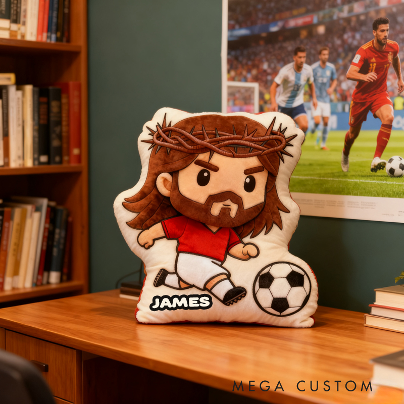 Personalized Cartoon Football Jesus Pillow with Custom Name Home Decor Religious Gift Catholic for Kids