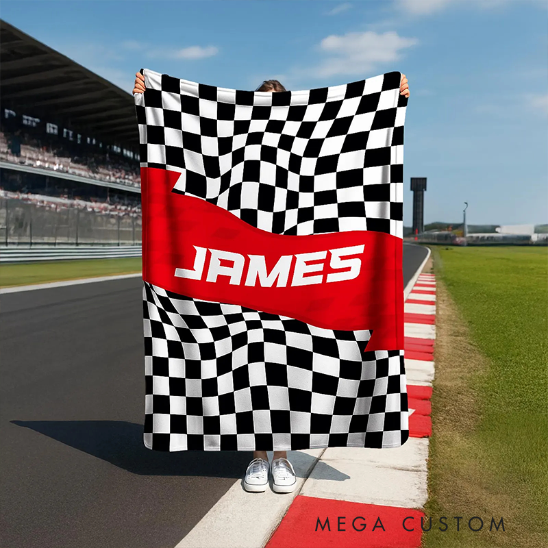 Personalized checkered Flag Blanket Custom Name Blanket Gift for Racer and Racing Lovers