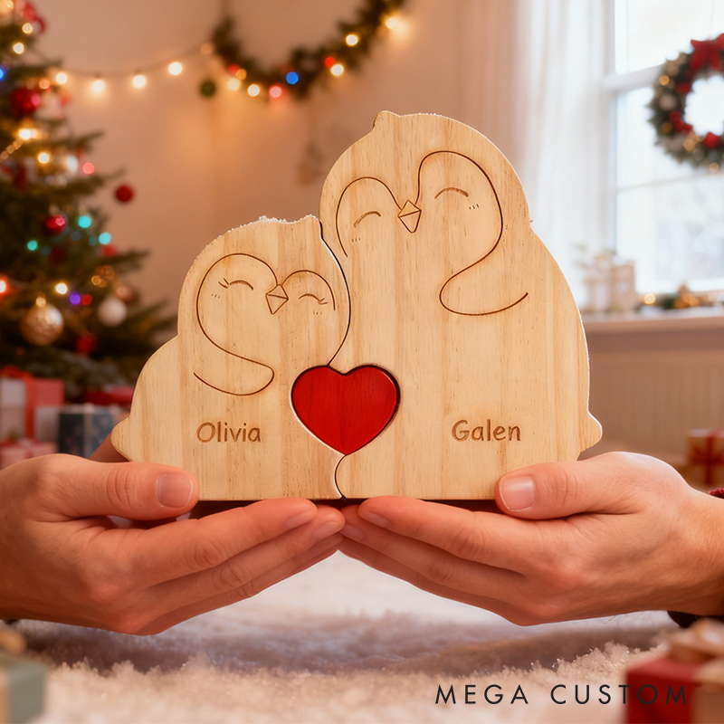Personalized Wooden Penguin Couple Puzzle Custom Name Fat Penguin Couple Wedding Gift for Wife Husband