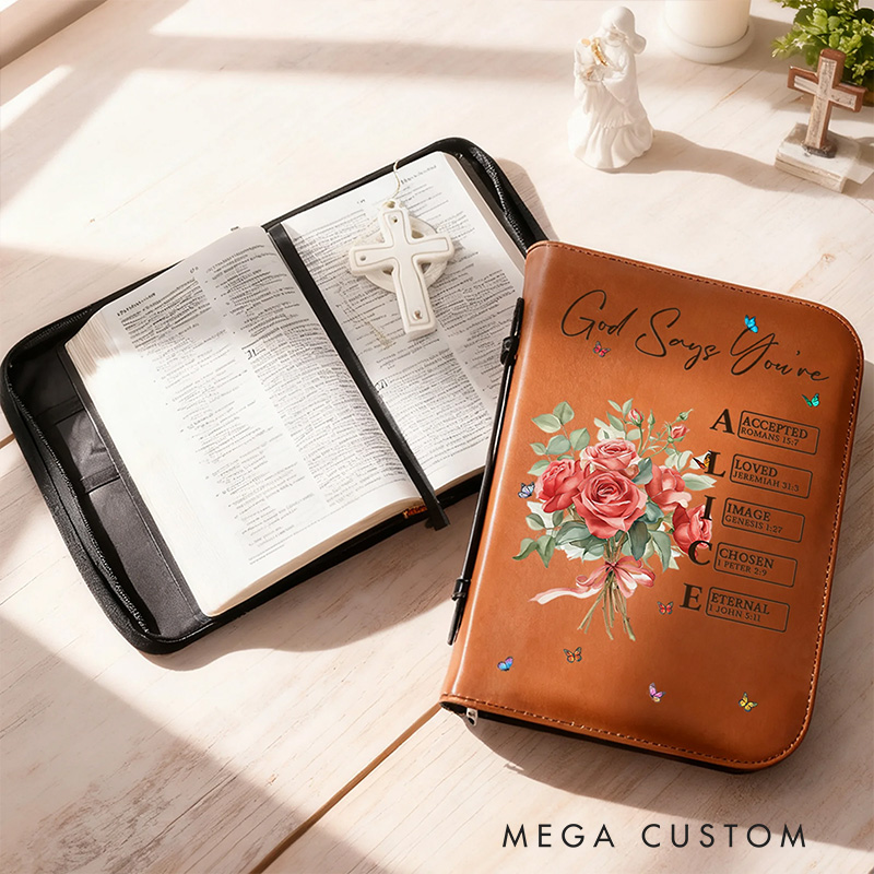 Personalized Multicolor Birth Flower Bouquet Bible Verses PU Leather Book Cover with Name Birthday Baptism Gift for Christian Women