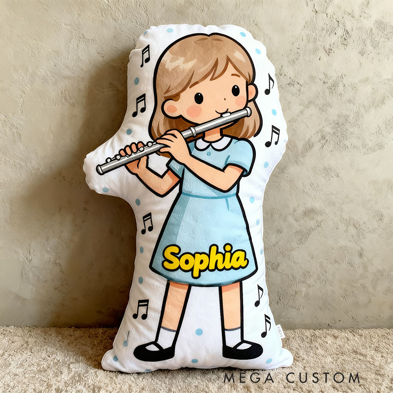 Personalized Flute Pillows with Customizable Skin Tone Hair Color and Name Soft Stuffed Toy for Kids Flute Lovers for Girls' Room and Music Room