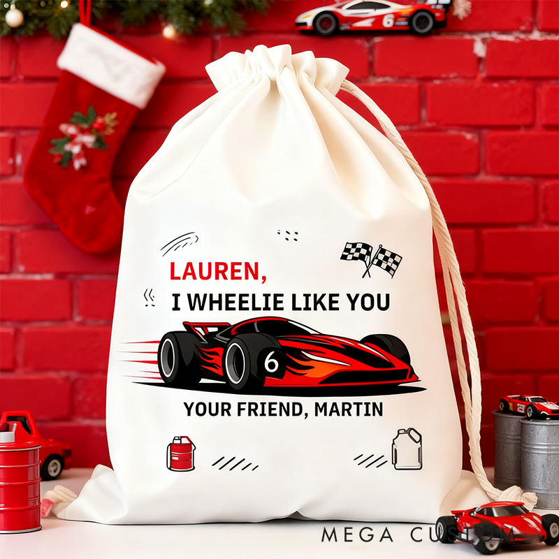 Personalized Racing Gift Sack Custom Name and Message Race Car Drawstring Bag Christmas Gift Bag for Racing and Car Lovers