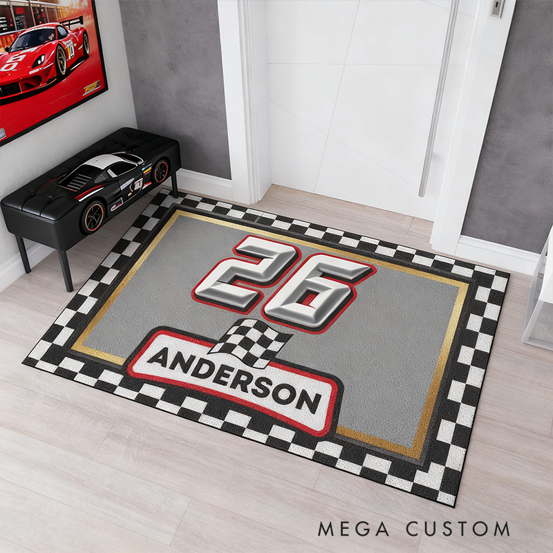 Personalized Racing Doormat Custom Name and Number Checkered Flag Floor Mat Gift for Car Lovers and Motorsport Fans