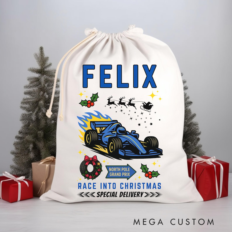 Personalized Racing Christmas Sack Custom Name and Car Color Gift Bag for Racing and Car Lovers