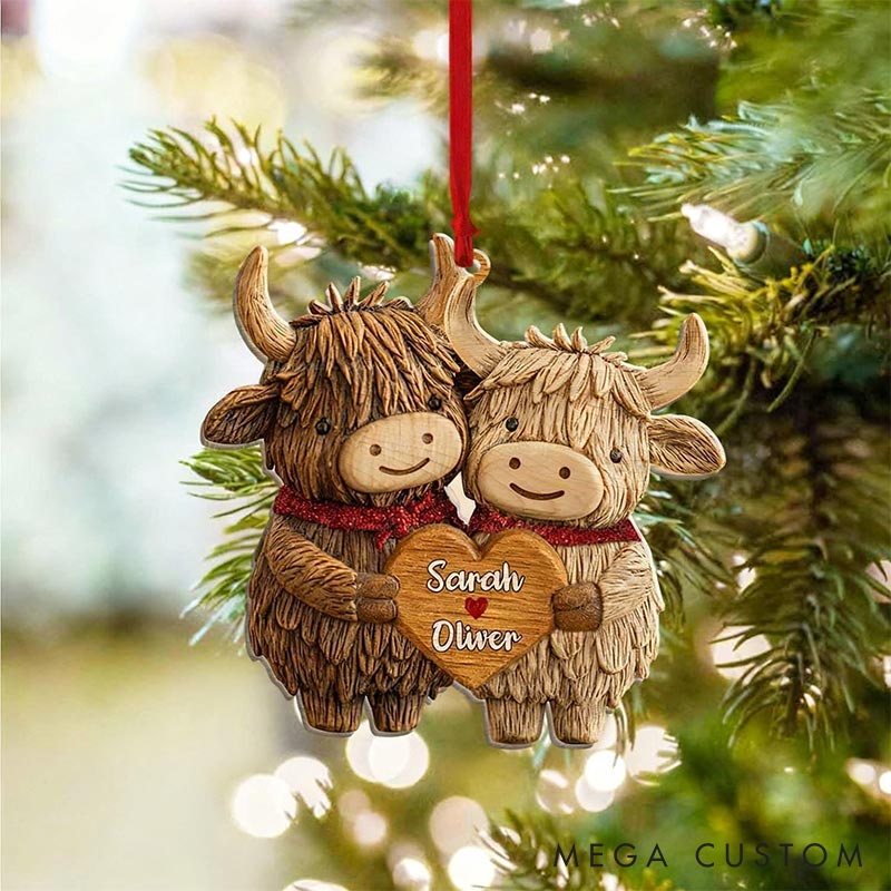 Personalized Couple Highland Cow Christmas Tree Ornament Decoration with Names for Lover Keepsake Gift for Husband Wife