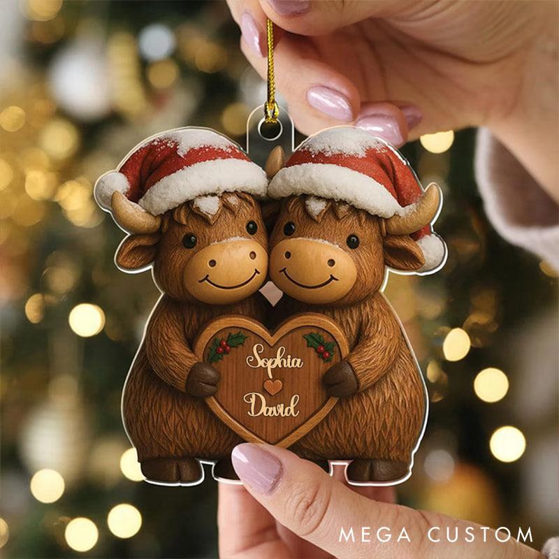 Personalized Couple Highland Cow Christmas Tree Ornament Decoration with Names Santa hat Highland Cow Chrismas Gift for Husband Wife