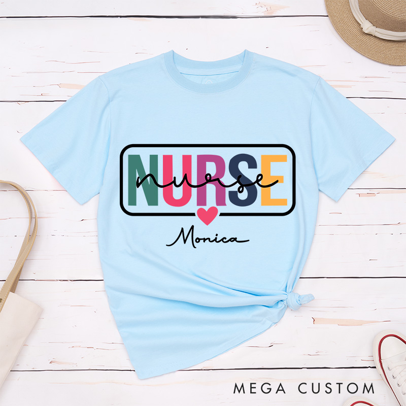 Personalized Nurse T-Shirts Colorful Care Nurse with Heart Fashion Design T-Shirts