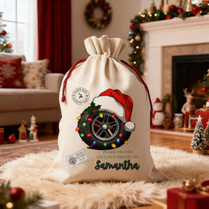 Personalized Racing Christmas Sack Custom Name Christmas Gift Bag for Car Lovers and Motorsport Fans