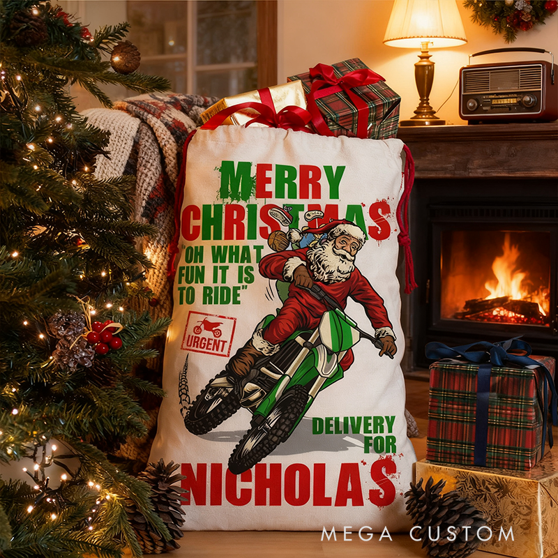 Personalized Motorcycle Santa Christmas Sack Custom Name Gift Bag for Bikers and Racing Lovers