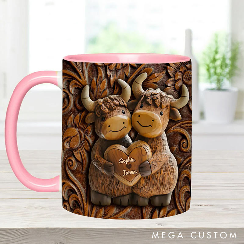 Personalized Highland Cow Couple Mugs Costom Names Couple Gift Mug for Boyfriend Girlfriend Funny Couple Mugs