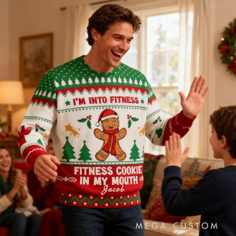 Personalized Merry Fitmas Ugly Christmas Sweater Funny Gingerbread Fitness Ugly Christmas Sweater Holiday Pullover for Fitness Gym Lovers 