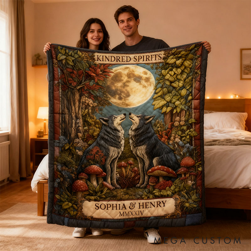 Personalized Couple Wolf Kindred Spirits Blanket Custom Newlyweds Name and Roman Numerals Blanket Valentine's Day Gift for Husband Wife Bride Groom