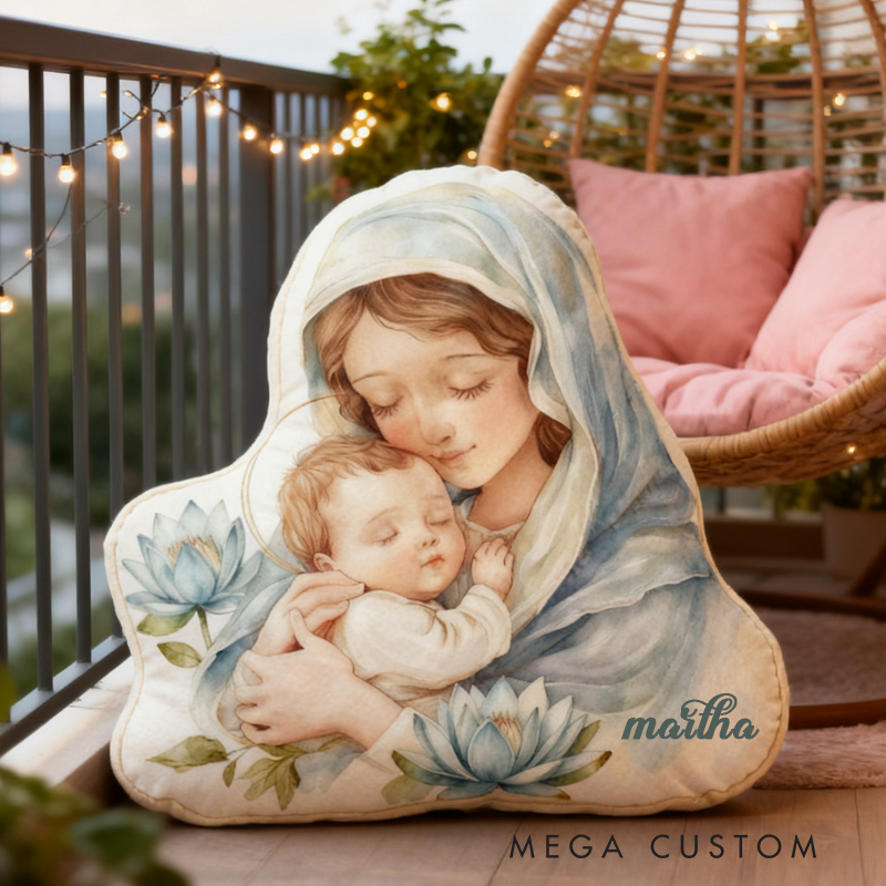 Personalized Virgin Mary Throw Pillow with Birthflower and Name Home Decor Religious Pillow Catholic Gift Faith Gift Mass Pillow