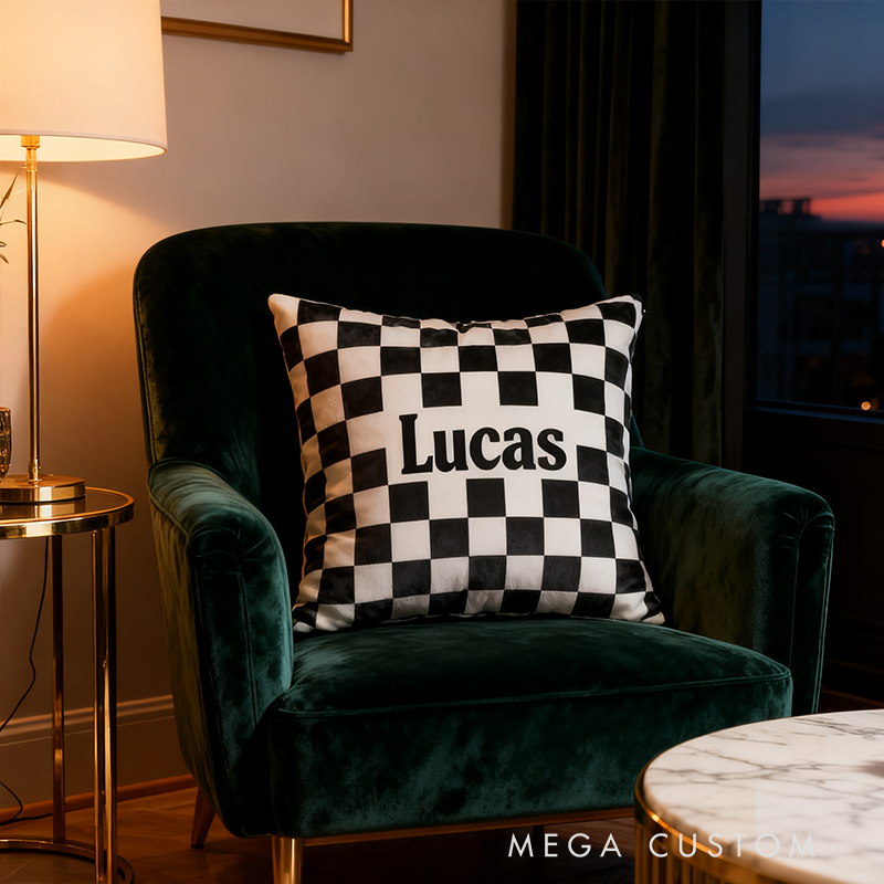 Personalized Checkered Flag Racing Throw Pillow Custom Name Black and White Cushion Gift for Racers and Racing Lovers