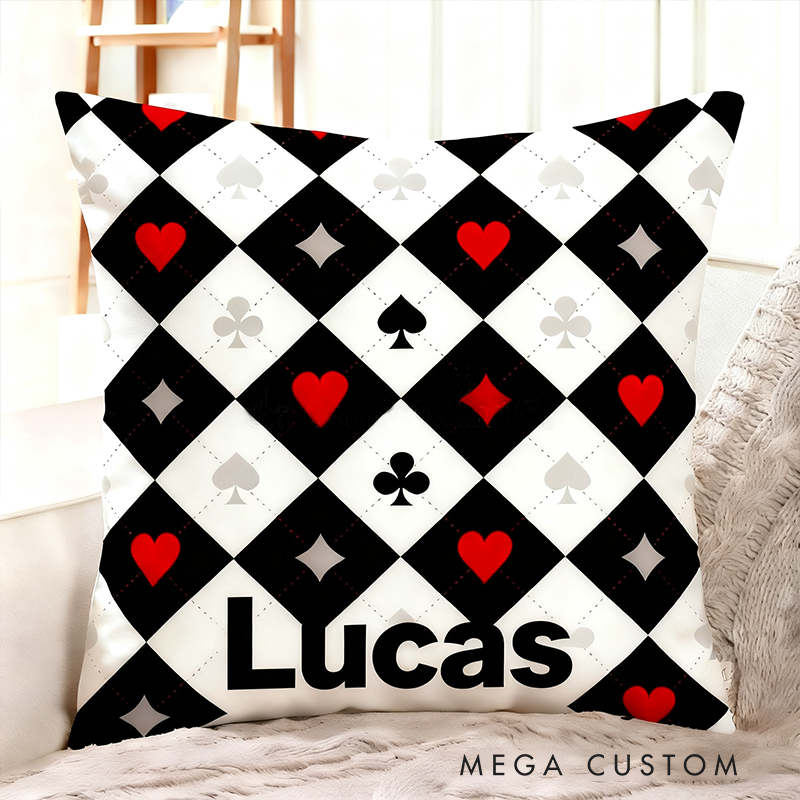 Personalized Checkered Racing and Poker Throw Pillow Custom Name Black White Cushion Gift for Car Lovers and Racing Enthusiasts