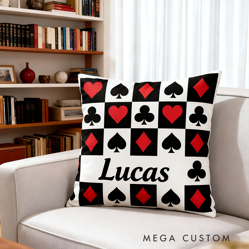 Personalized Poker and Racing Checkered Pillow Custom Name Black and White Throw Cushion Gift for Racers and Racing Lovers