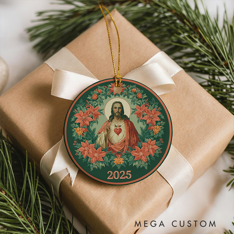 Personalized Sacred Heart of Jesus Ceramic Ornament with Year Religious Gift Christmas Home Decor Catholic Gift