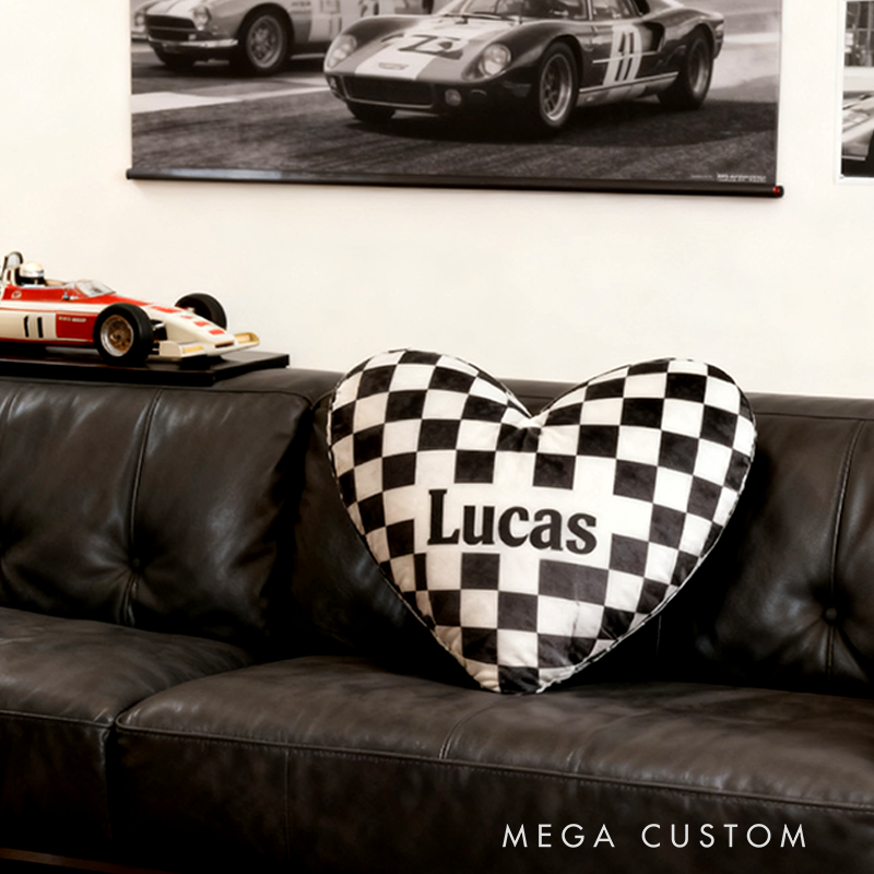 Personalized Heart Shaped Racing Checkered Pillow Custom Name Black and White Cushion Gift for Racing and Car Lovers