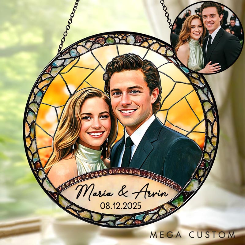 Personalized Couple Stained Glass Photo Suncatcher Newlyweds Portrait Window Hanging Decor Anniversary Gift for Husband Wife Boyfriend Girlfriend