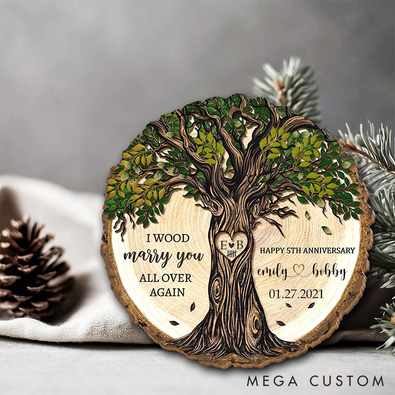 Personalized 5th Anniversary Wooden Ornament Wood Anniversary Gift for Couples Husband Wife 5 Years Anniversary Wood Ornament