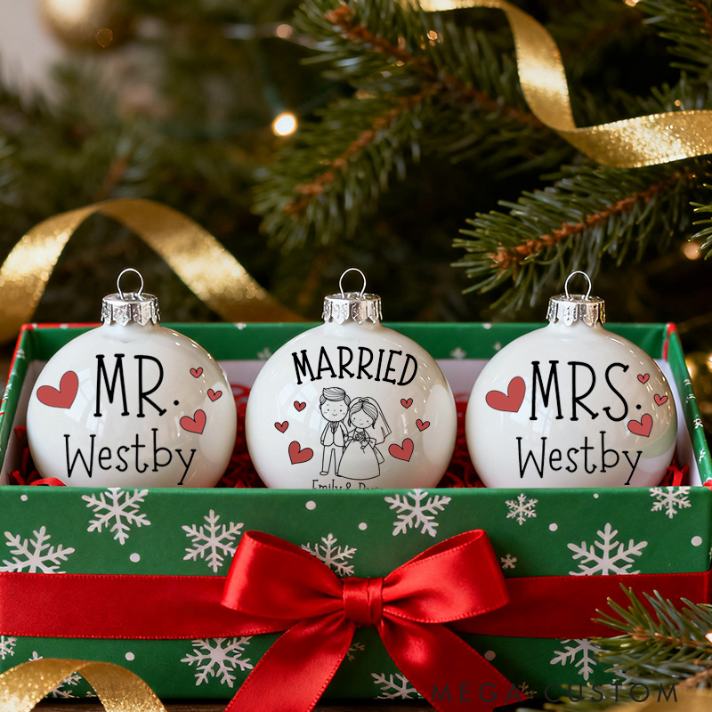 Personalized Mr and Mrs Matching Christmas Ball Ornament Our First Christmas Ornament Set For Newlywed Couple Wedding Ornament Keepsake