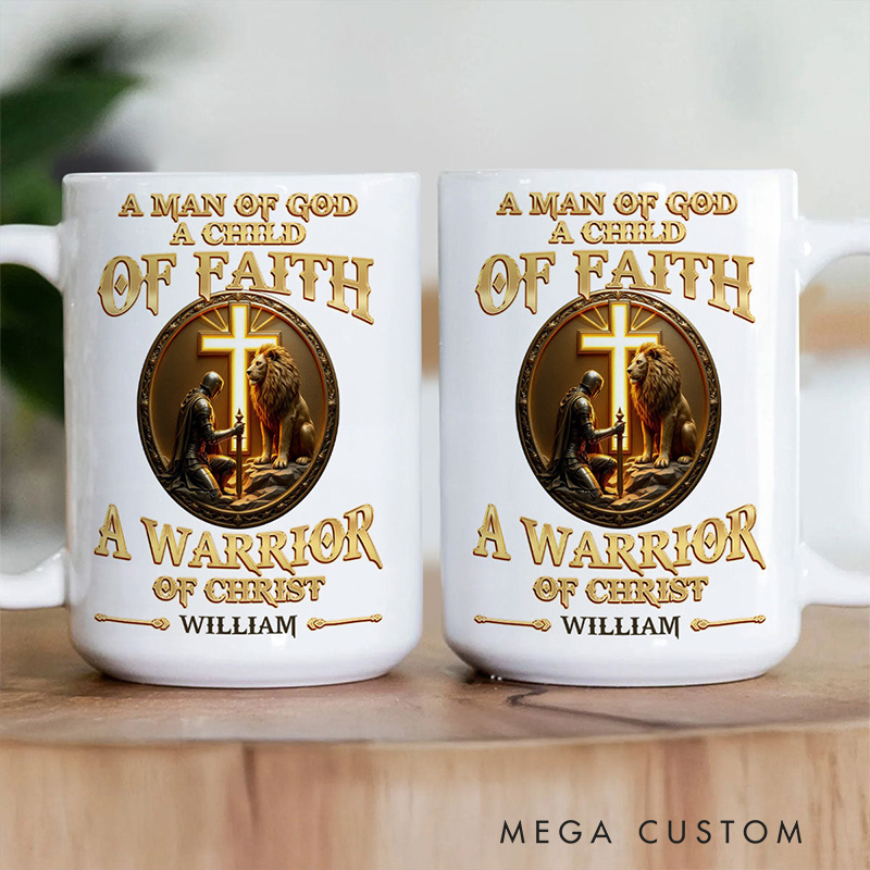 Personalized a Man of God Warrior of Christ Ceramic Mug with Name Religious Gift Christian Gift for Men