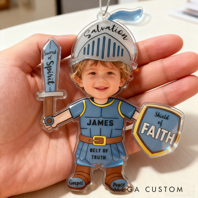 Personalized Armor of God Acrylic Ornament with Photo and Name Holiday Tree Decor Christmas Keepsake Religious Christmas Gift for Boys