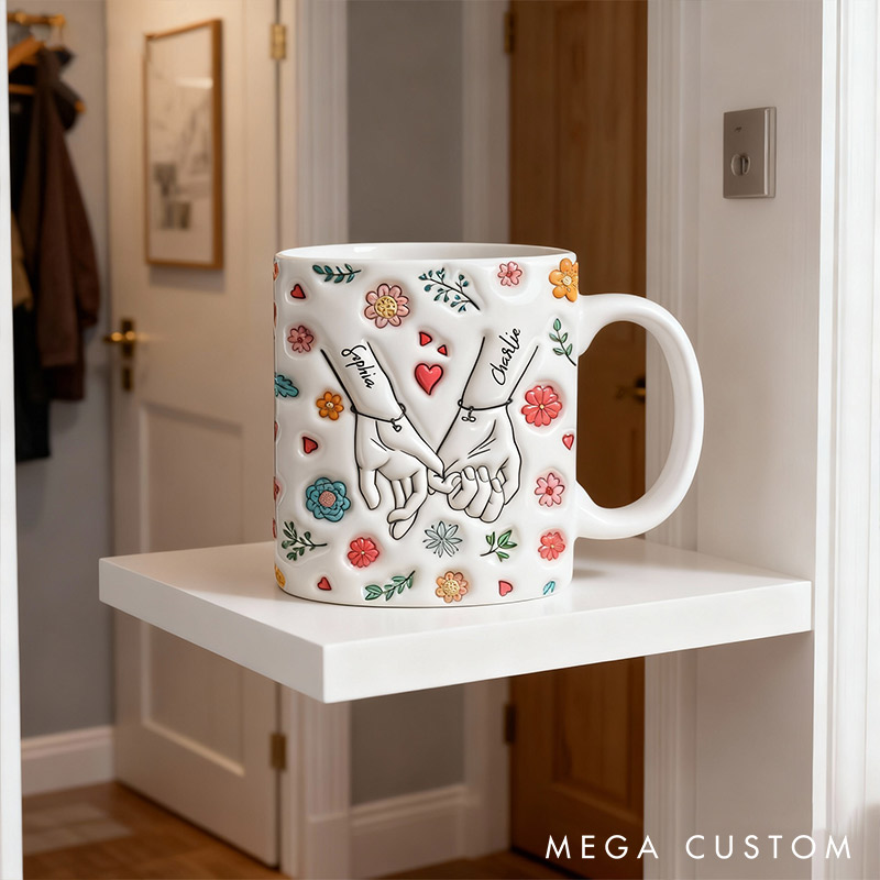 Personalized Couple Pinky Promise Mug Custom Names Mug 3D inflated Effect Printed Mug Anniversary Gift For Husband Wife for Her Him