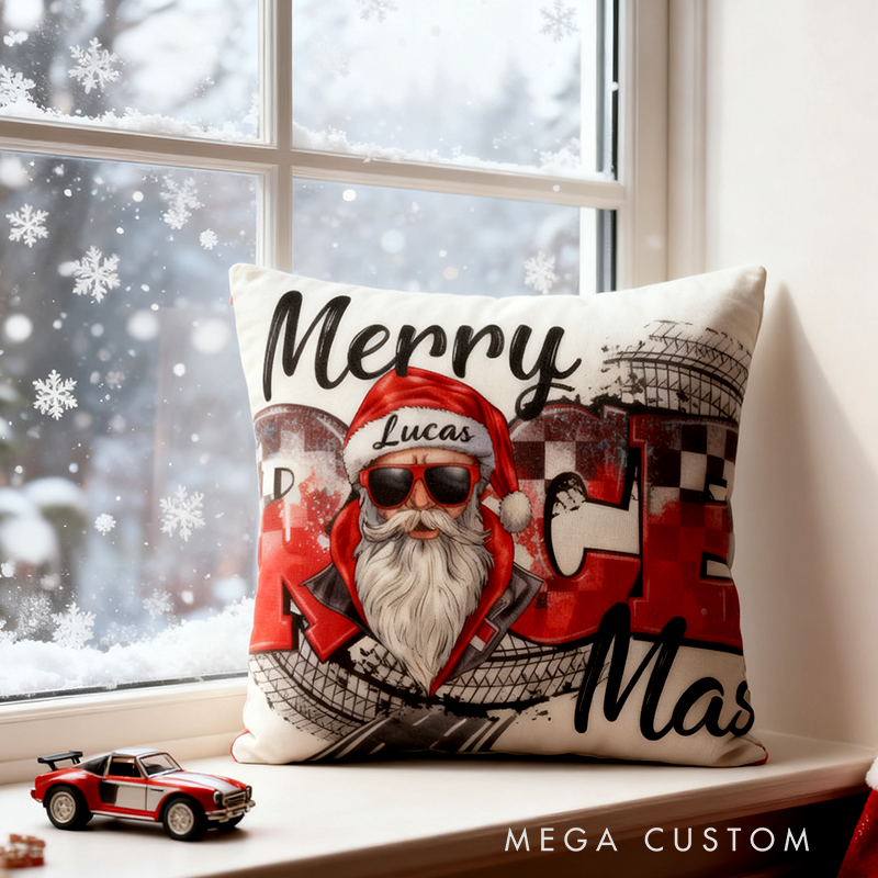 Personalized Merry Race Mas Pillow Custom Name Racing Santa Claus Christmas Throw Pillow Gift for Racers and Car Lovers