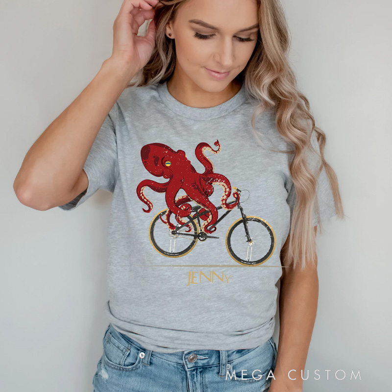 Personalized Octopus Riding Bicycle T-Shirt for Funny Kraken Graphic Tee Cyclist Biker Rider Cycling Lovers