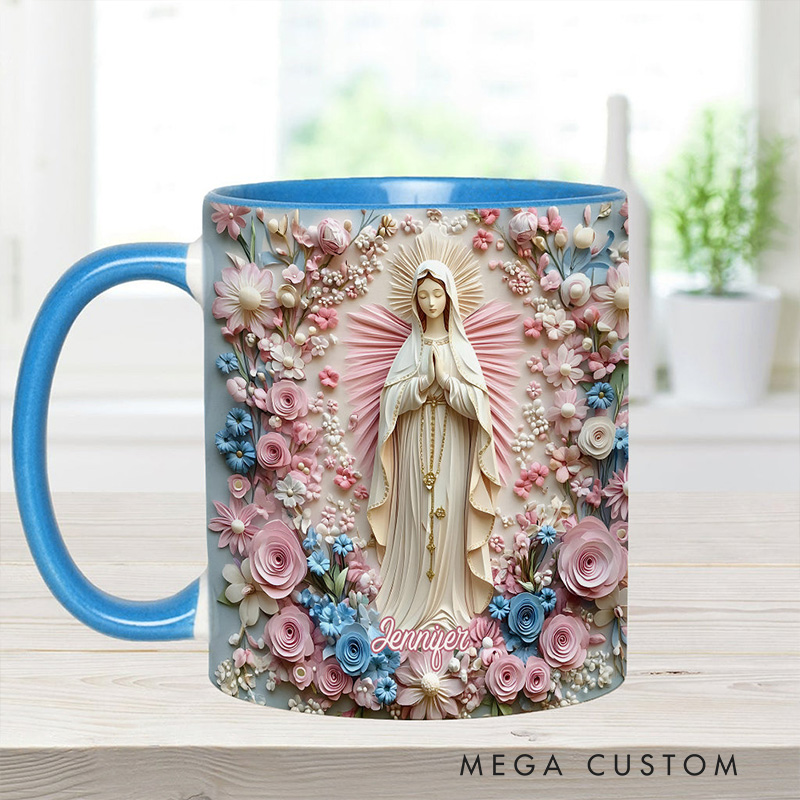 Personalized Floral Serenity of Mary Ceramic Mug with Name Religious Inspirational Gift Catholic Gift for Women
