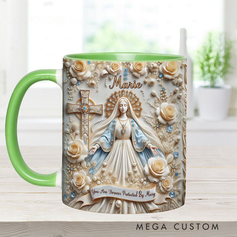 Personalized you are Forever Protected by Mary Ceramic Mug with Name Religious Inspirational Gift Catholic Gift for Women