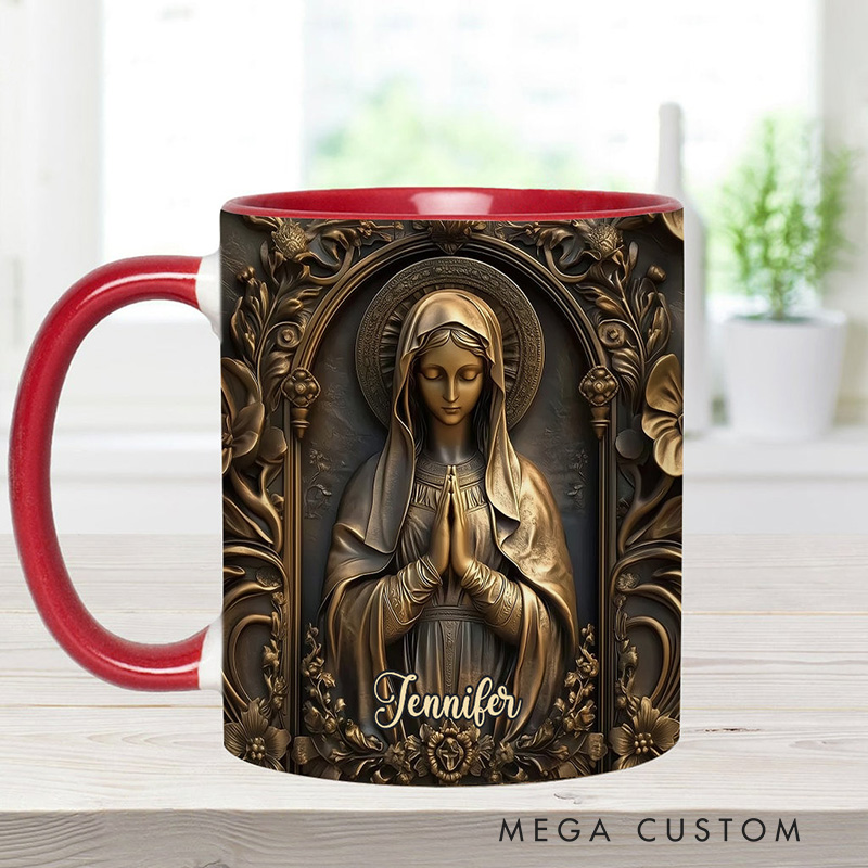 Personalized Vintage Virgin Mary Ceramic Mug with Name Religious Inspirational Gift Catholic Gift for Women