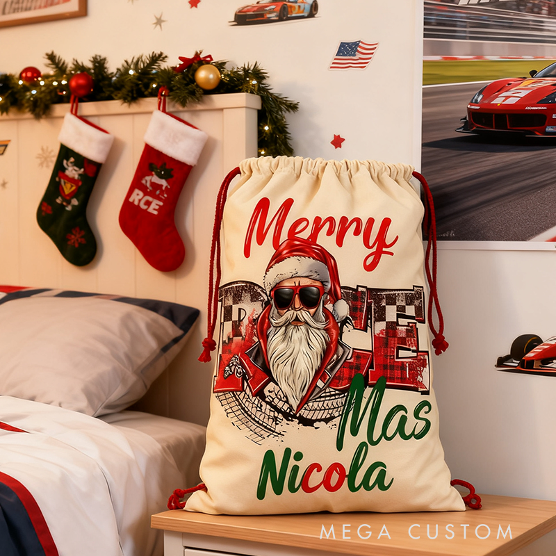 Personalized Merry Race Mas Santa Sack Custom Name Racing Christmas Gift Bag for Racers and Racing Lovers